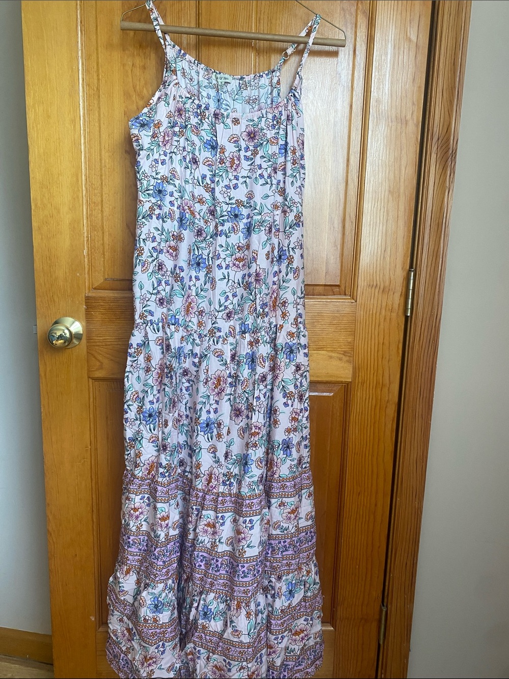 Bohemian Floral Tiered Maxi Dress in White with Blue & Purple